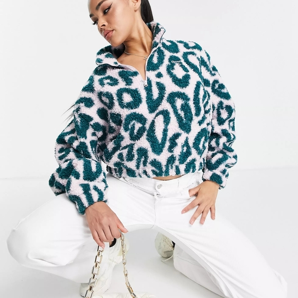 NWT Reebok Frost Berry Pink/Green Leopard Print Half Zip Sherpa Pullover S - Picture 2 of 9